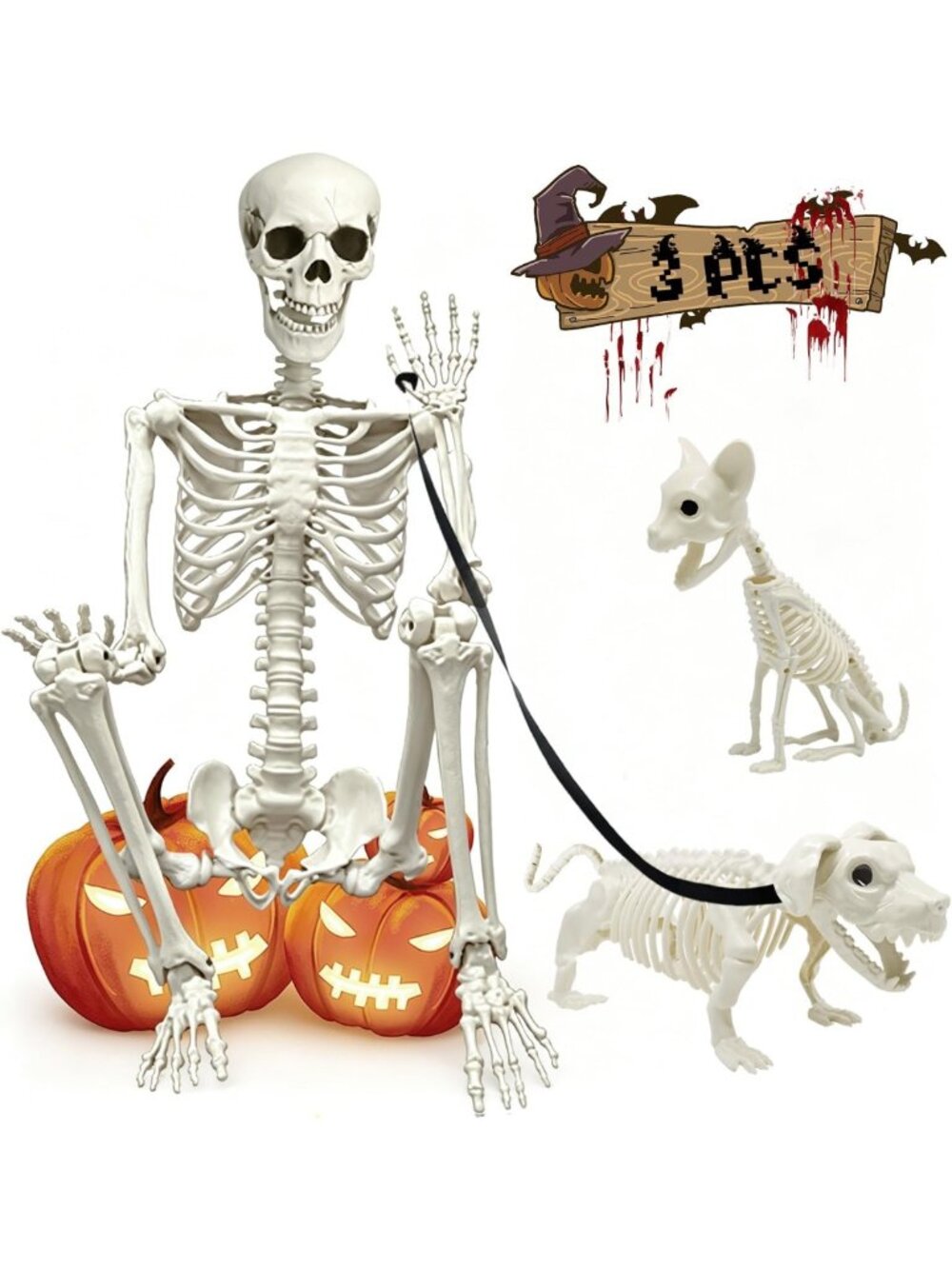 5.4Ft Posable Halloween Skeleton with Dog & Cat - Spooky Decor for Halloween
